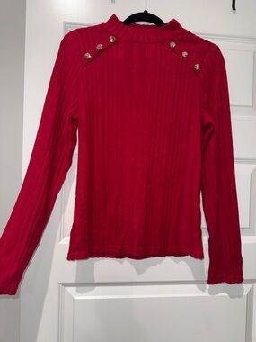 Ribbed Red Long Sleeve Top with Button Detail